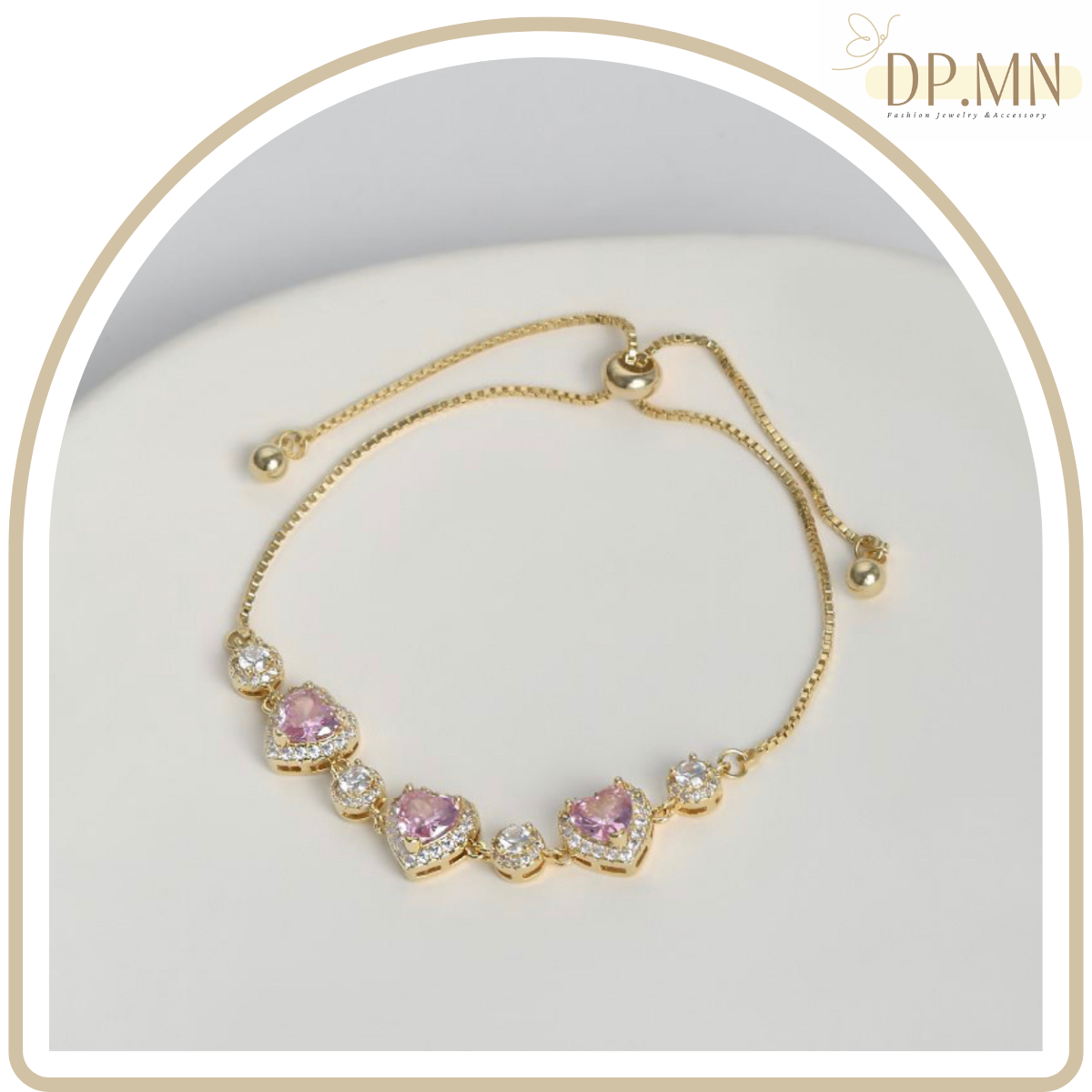 สร้อยข้อมือ 14K ประดับด้วยรูปหัวใจสีชมพู ล้อมด้วยเพชร CZ