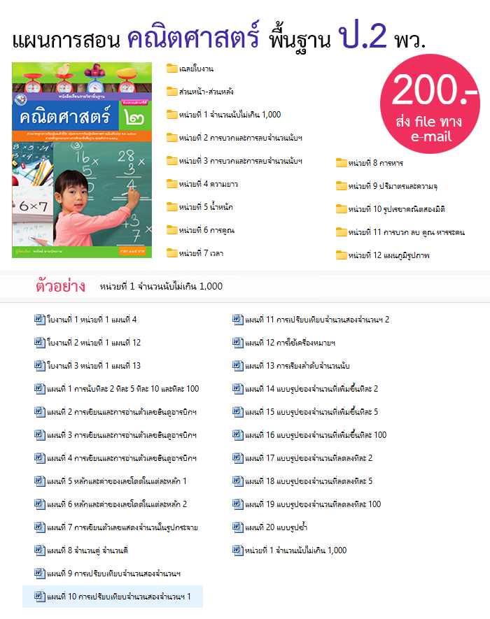 แผนการสอน คณิตศาสตร์ ป.2 พว.