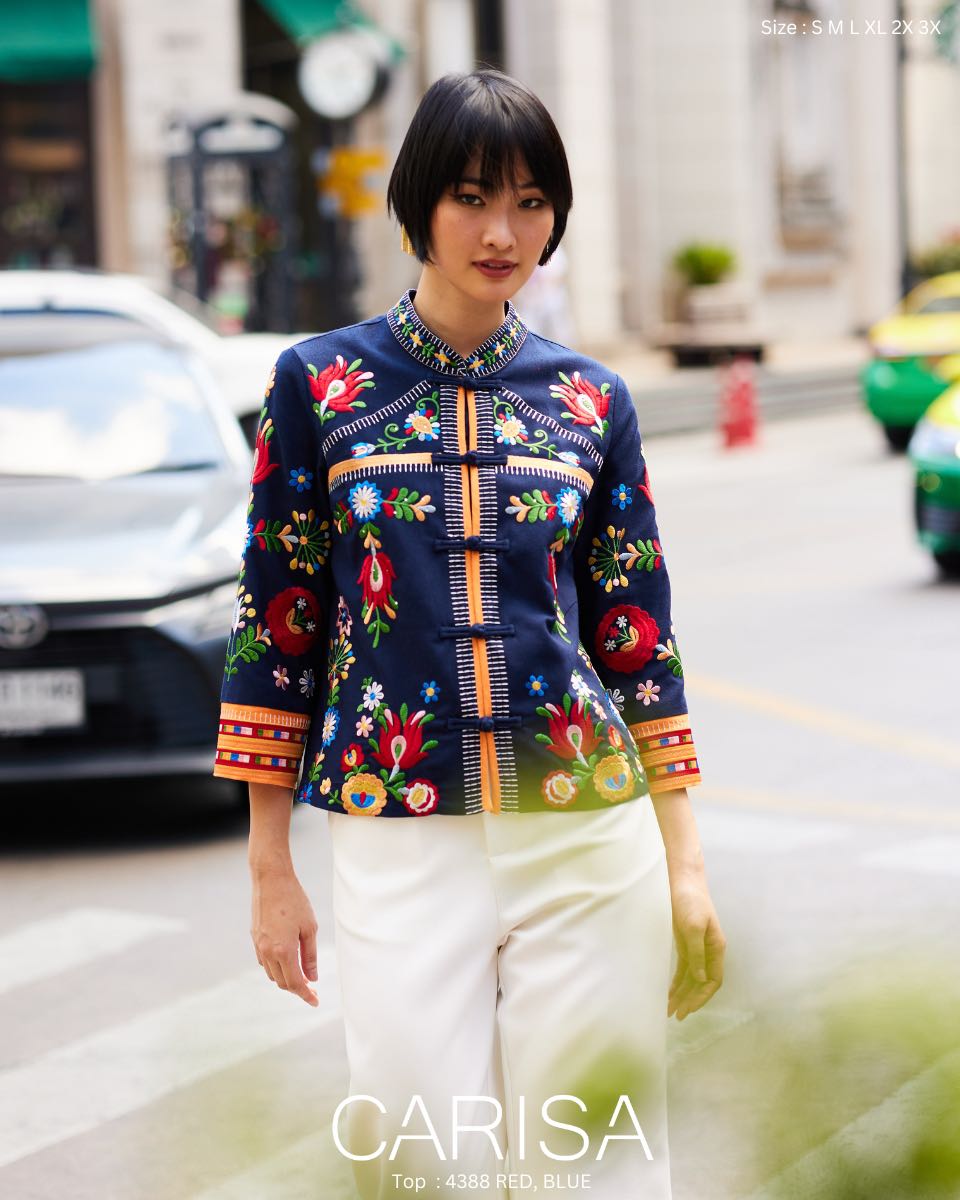 Carisa เสื้อตรุษจีน งานปักลายดอกไม้ทั้งตัว ตั้งแต่คอจนถึงปลายแจน ผ้าคอตตอลสเปนเด็กซ์ ทรงสวย [4388]