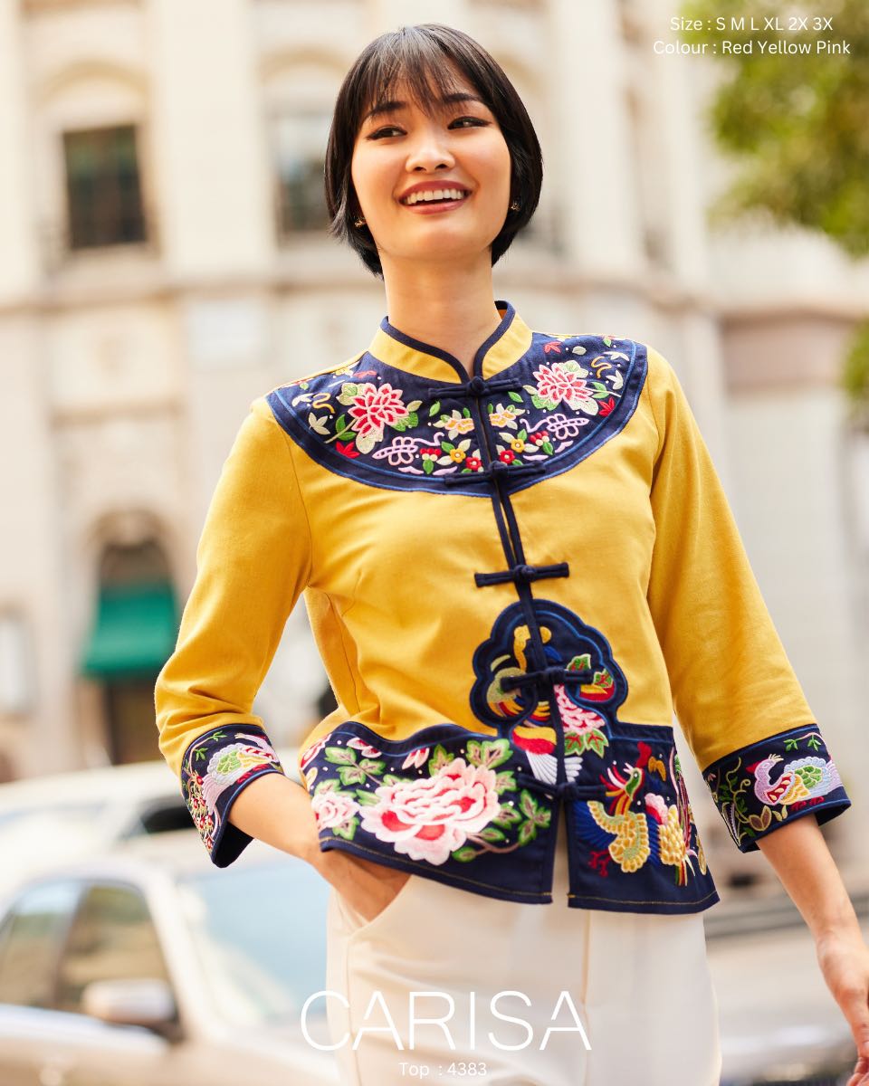เสื้อตรุษจีน งานปักทั้งตัวลายดอกไม้ ลายปักชัดสวย ผ้าคอตตอลสเปนเด็กซ์ [4383]