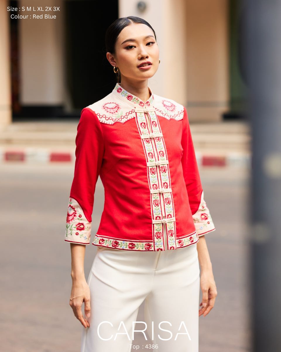 เสื้้อตรุษจีน งานปักทั้งตัวลายดอกไม้ ลายปักชัดสวย ผ้าคอตตอลสเปนเด็กซ์ เนื้อผ้าอย่างดี  [4386]