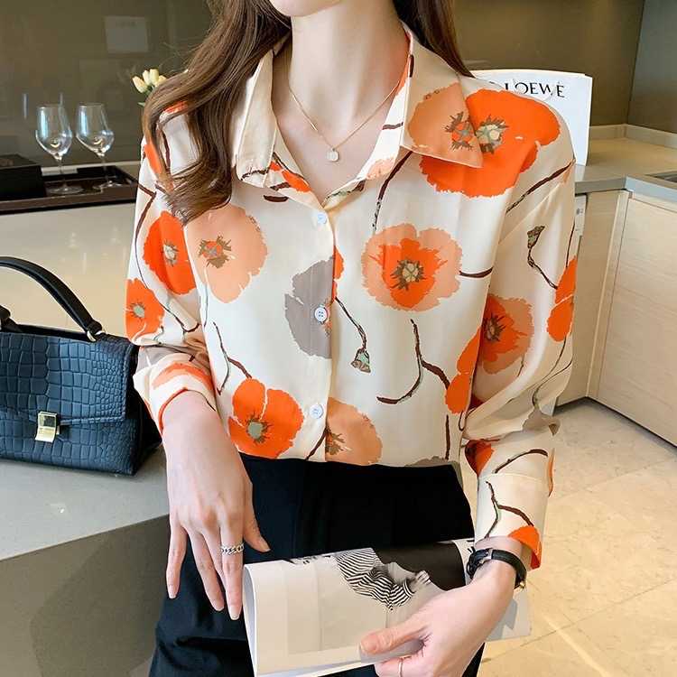 [พร้อมส่ง] เสื้อเชิ้ตแขนยาวลายดอกไม้ สีส้ม | QS298