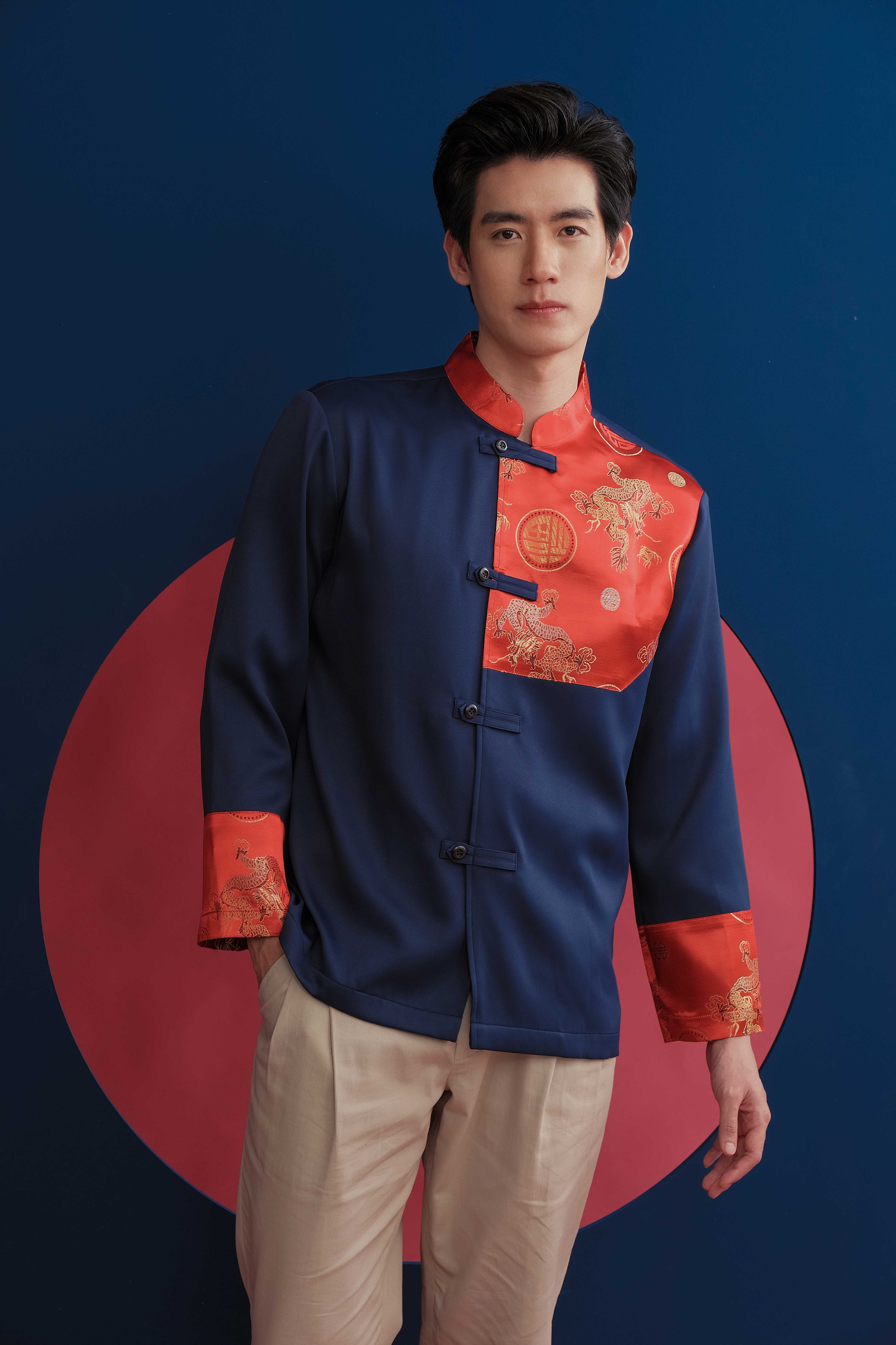 CNY 2024 เสื้อตรุษจีนผู้ชายสีกรมท่าแต่งลาย รุ่น LHONG