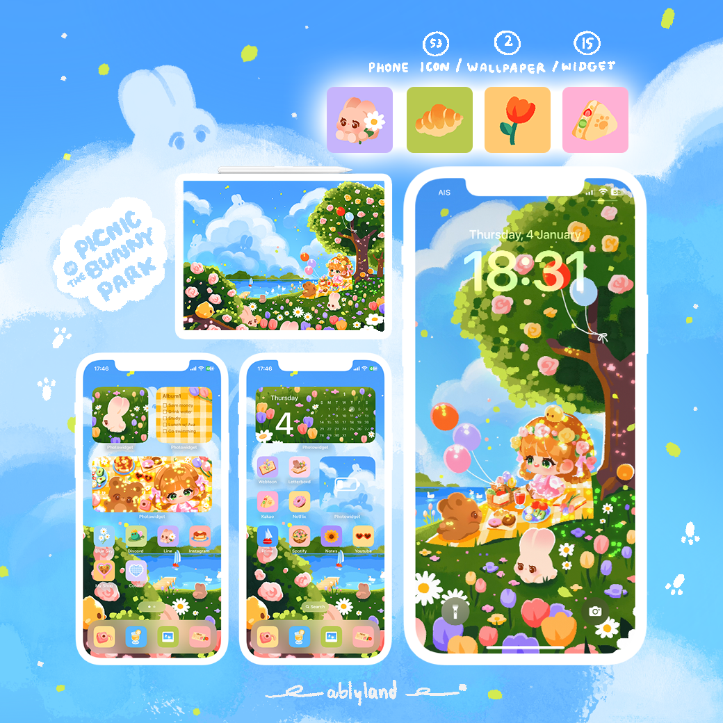 (wallpaper / icon) picnic in the bunny park🐰🍀