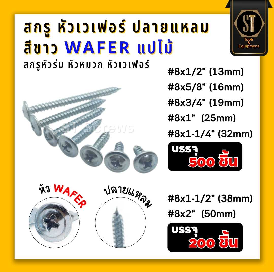 #สกรูหัวร่ม #สกรูหัวหมวก #สกรูหัวเวเฟอร์ ปลายแหลม ไม่ผ่า สีขาว