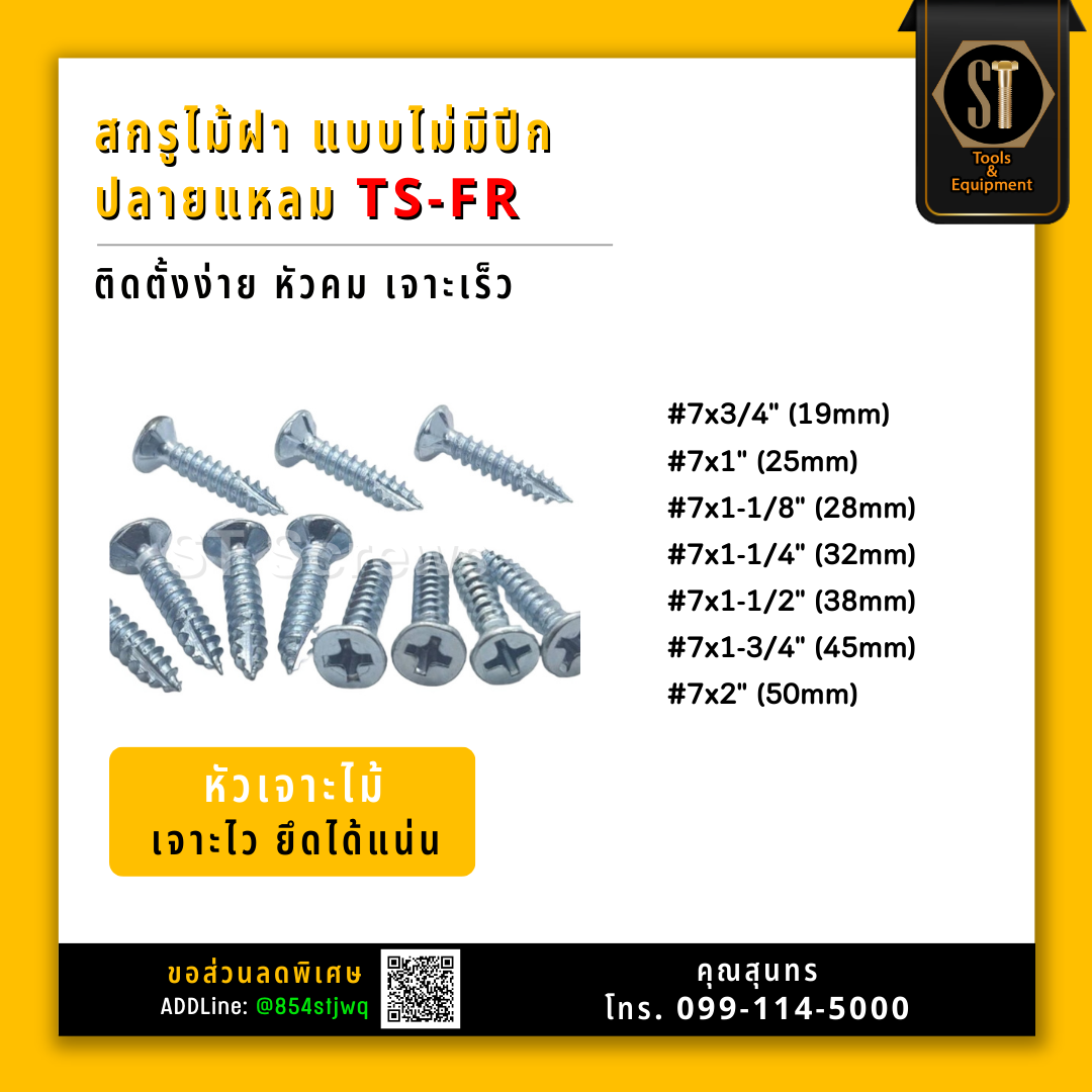 สกรูไม้ปลายแหลมผ่า ไม่มีปีก ปลายแหลมผ่า TS-FR