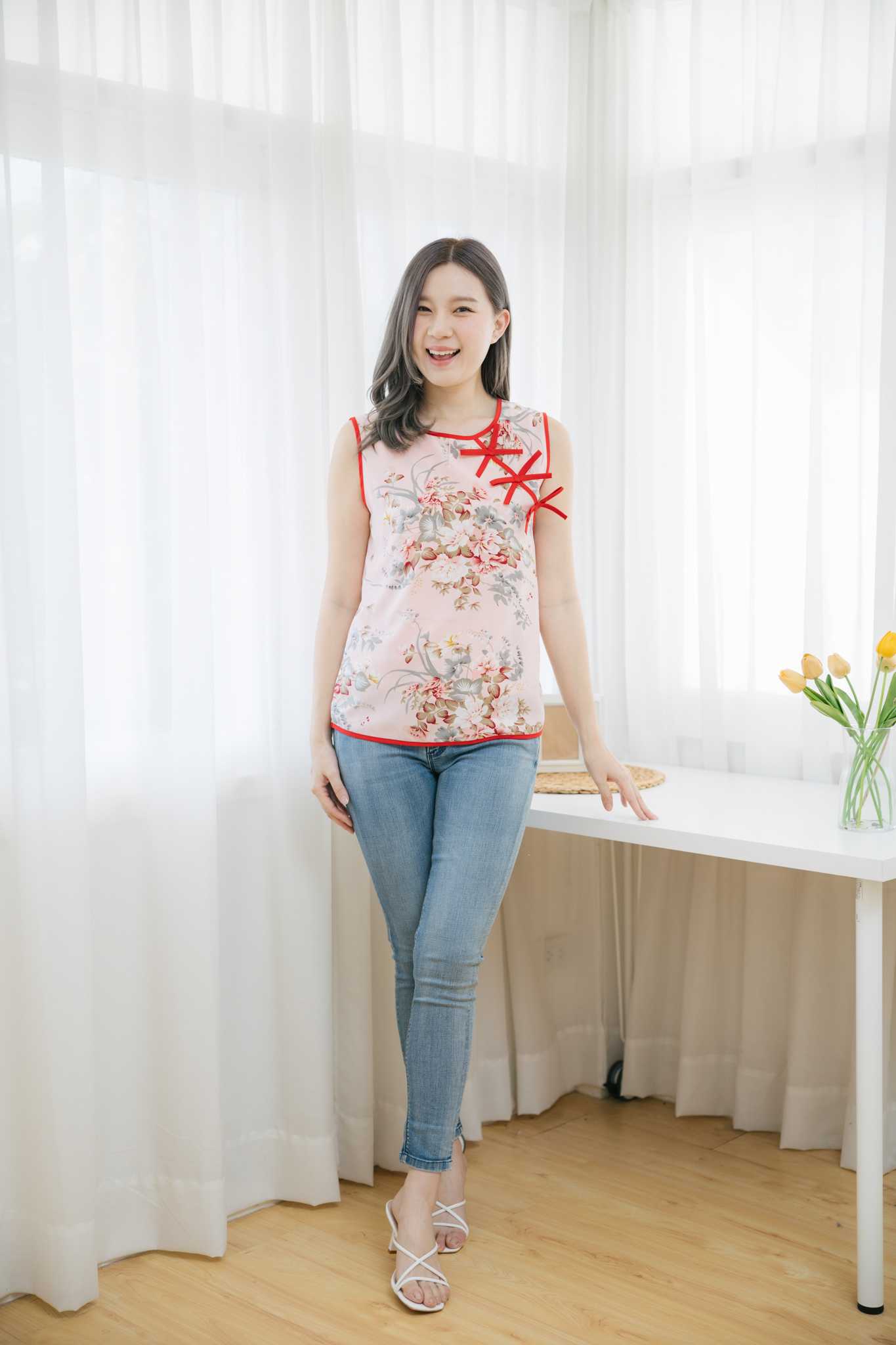 ชุดให้นม  Pink floral bow toptank