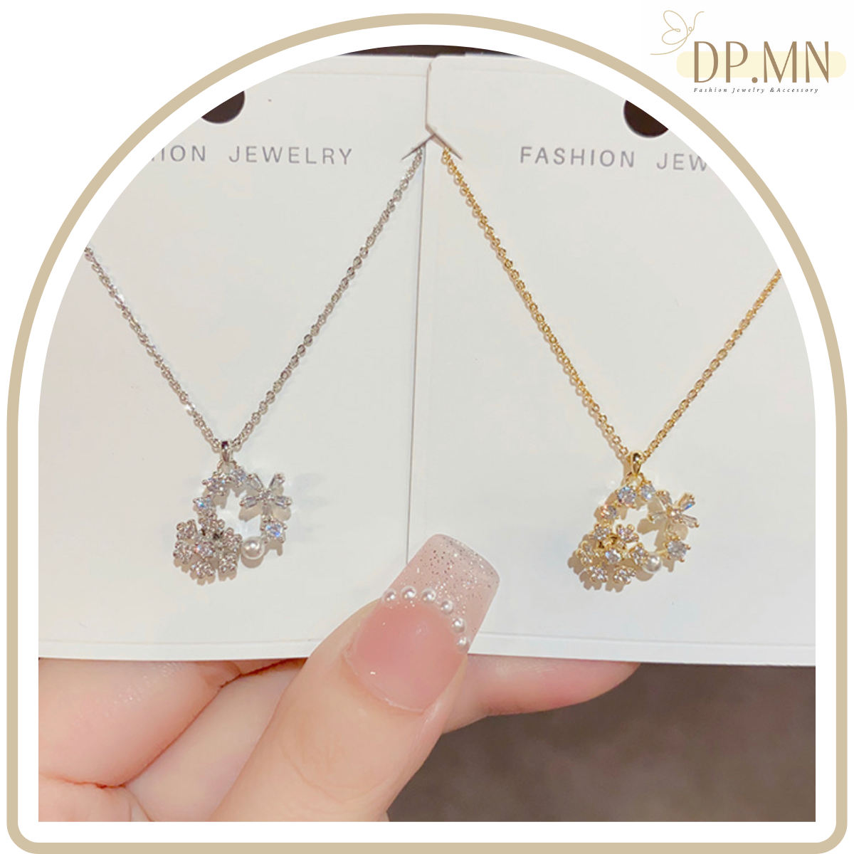 สร้อยคอ ชุบทอง 14K จี้เกล็ดหิมะ เพชร CZ และไข่มุก เกล็ดหิมะ หมุนได้  ✼ ✻  ✼ ✻  ✼ ✻