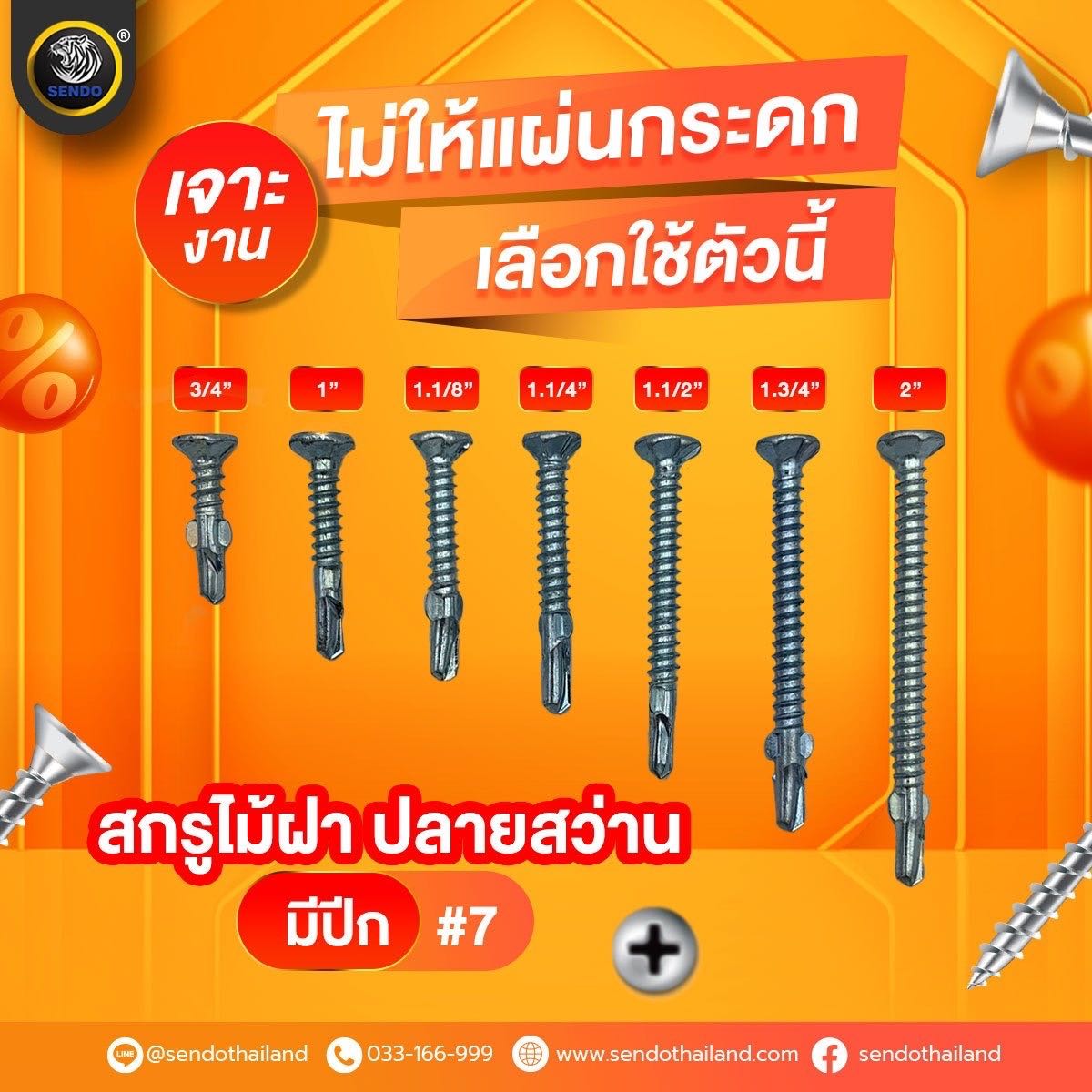 (ราคา1000/ยกลัง)สกรูไม้ฝา (มีปีก) ปลายสว่าน #7 คอหยัก