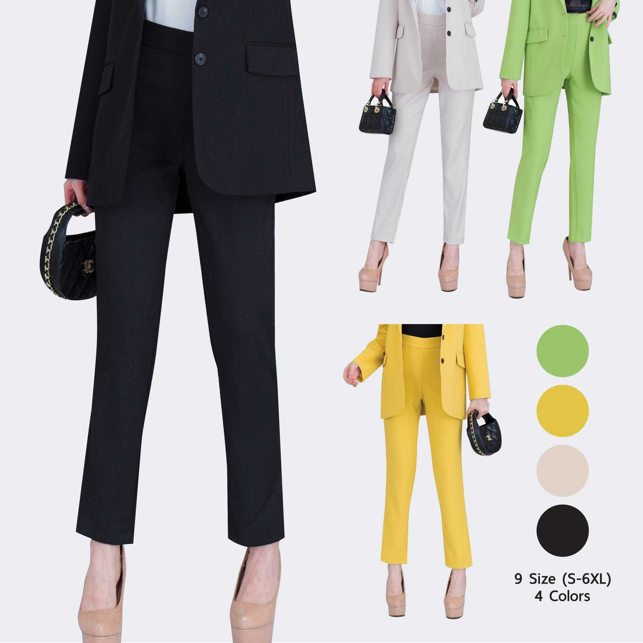 No.2325-2 กางเกงผู้หญิงขายาวกระบอกเล็ก สีดำ/สีครีม/สีเหลือง/เขียว (เฉพาะกางเกง)