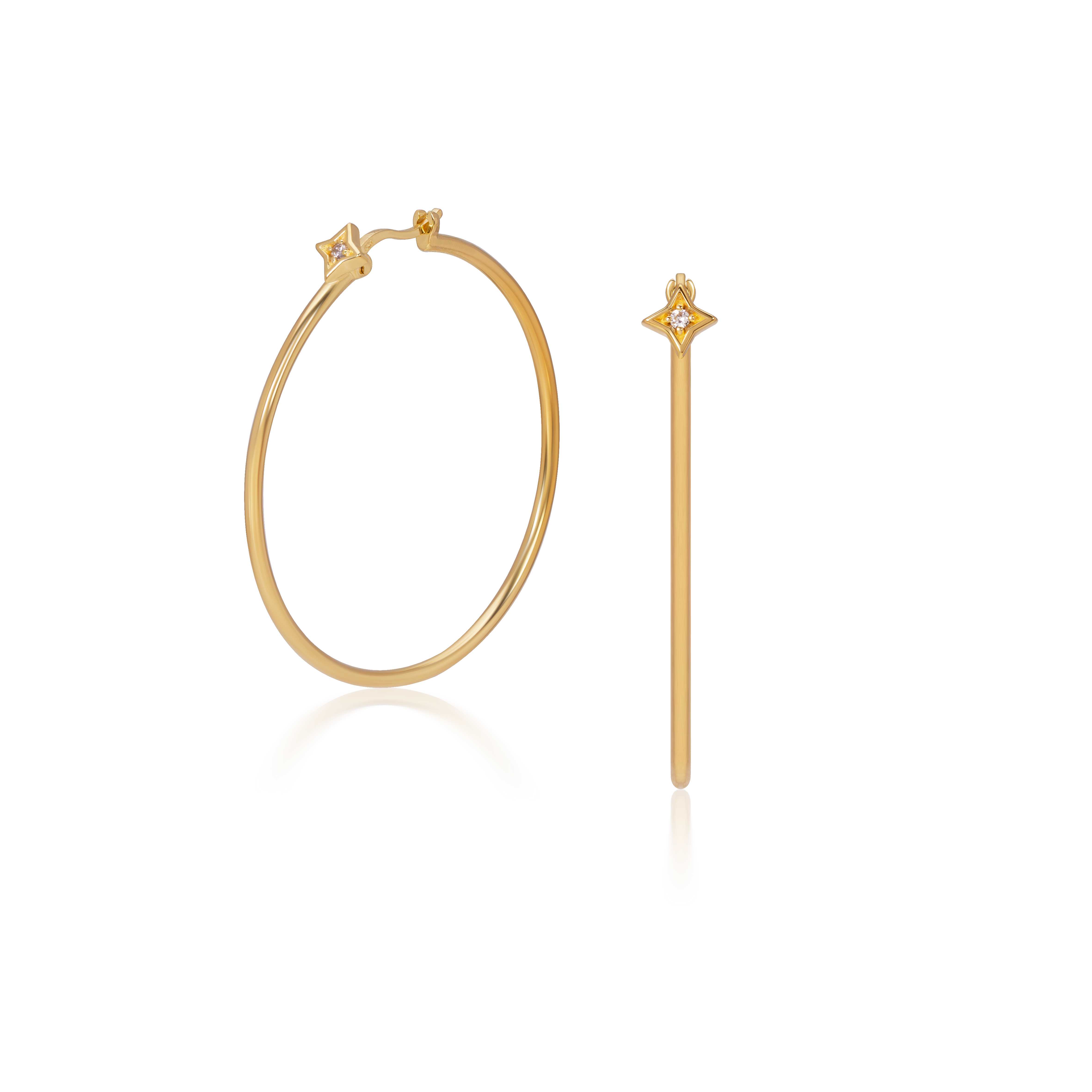 A.CEMI Staracle White Zircon Hoop Big ต่างหูพลอยแท้ ไวท์เซอร์คอน ต่างหูเงินแท้ ชุบทอง 18K