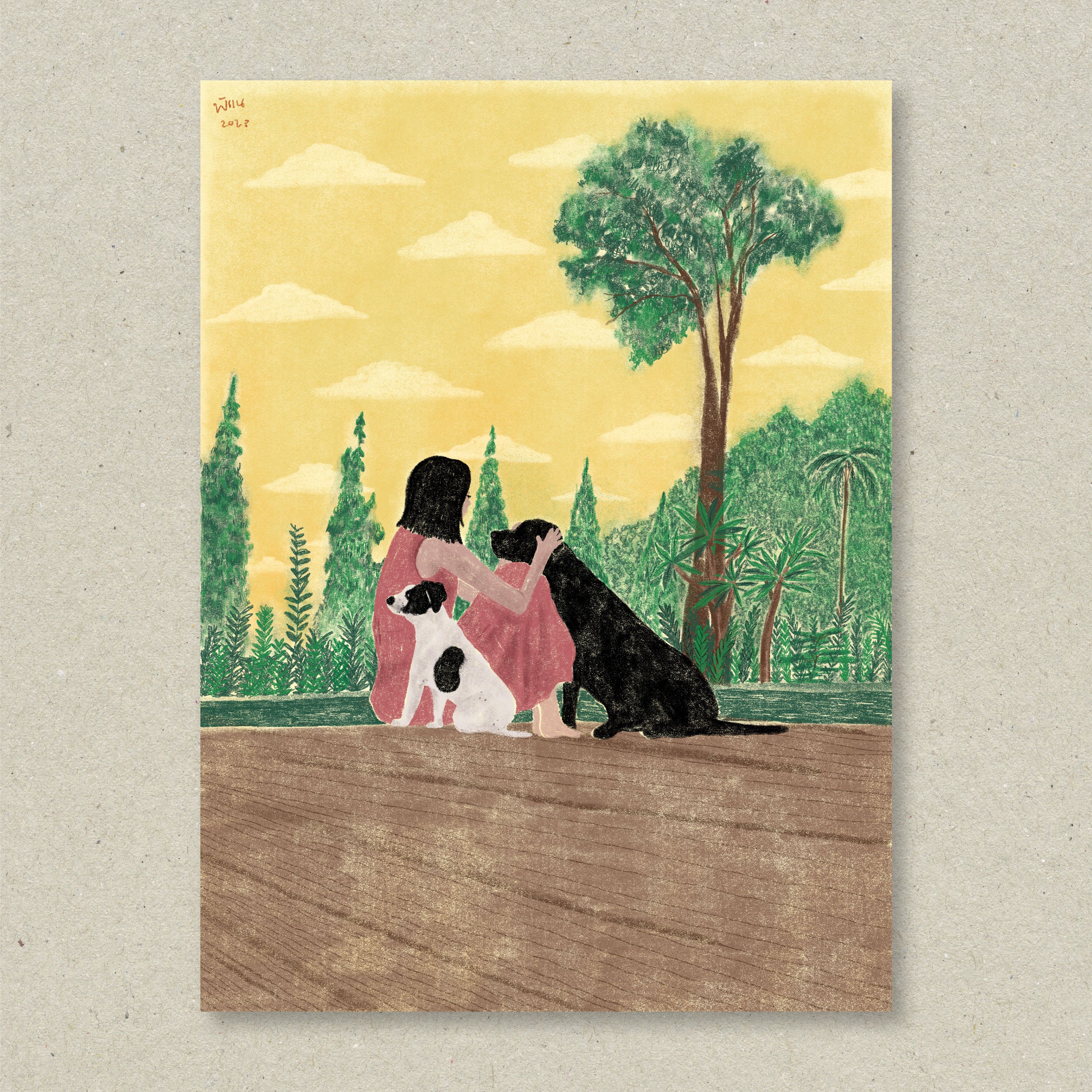 On a cloudy day with my dogs (postcard)