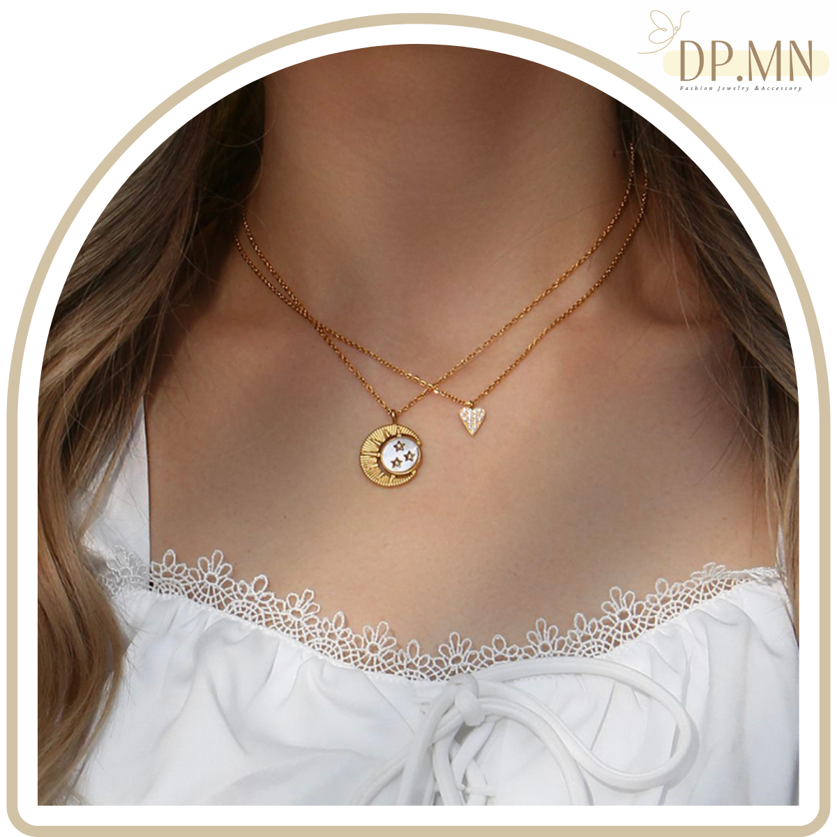 สร้อยคอเลเยอร์แตนเลส ชุบทอง 18K จี้รูปพระจันทร์ ล้อมดาว และหัวใจ
