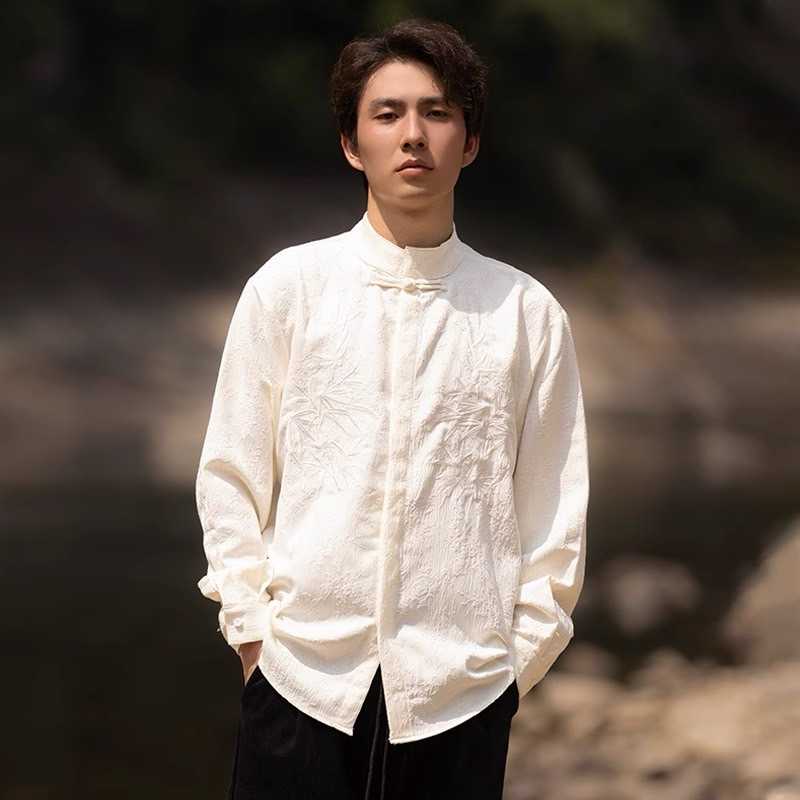 ASAYAHOMME70 : Chinese-style Tang style, plate-buttoned long-sleeved shirt, men's stand-up collar
