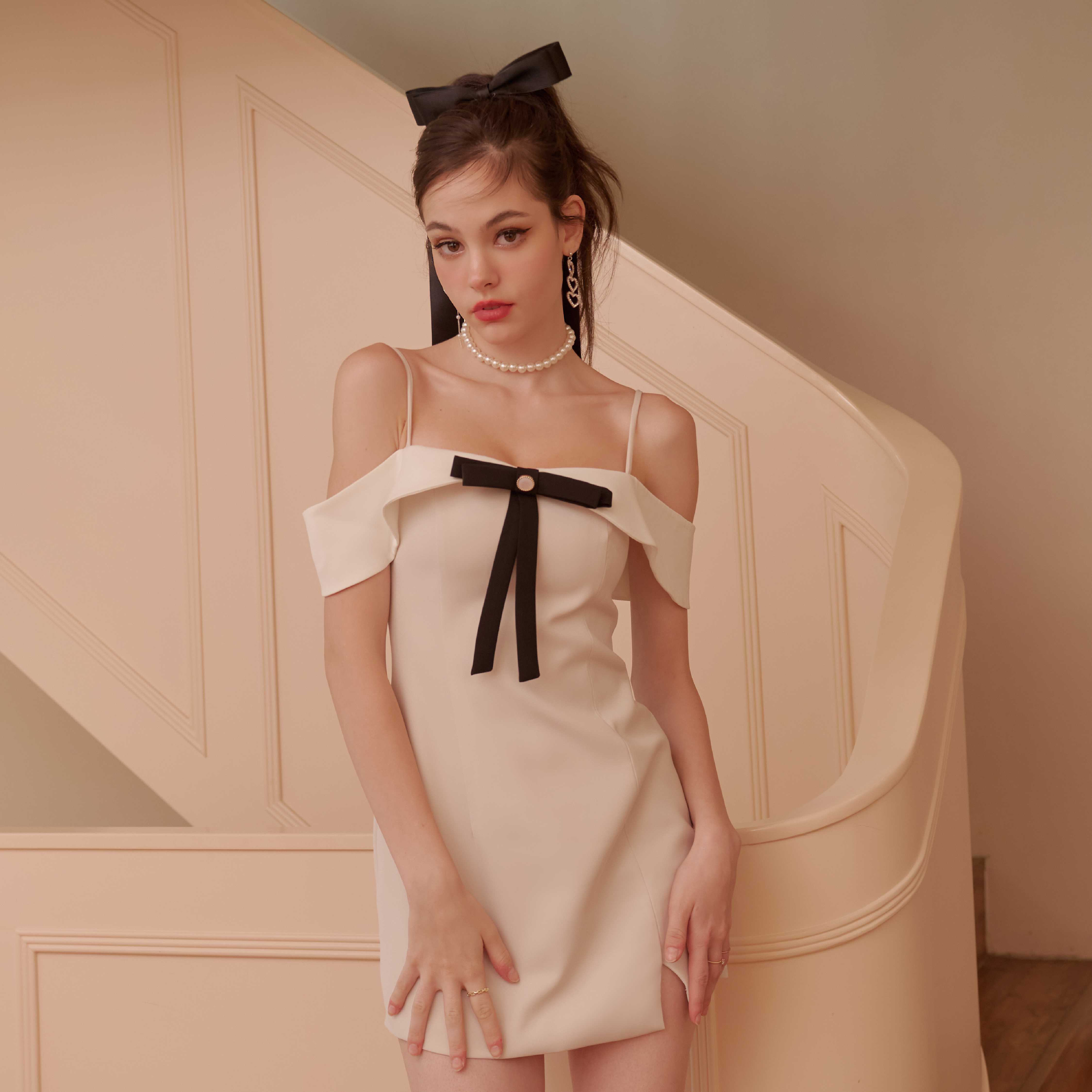 Serena Off Shoulder Dress (Beige)