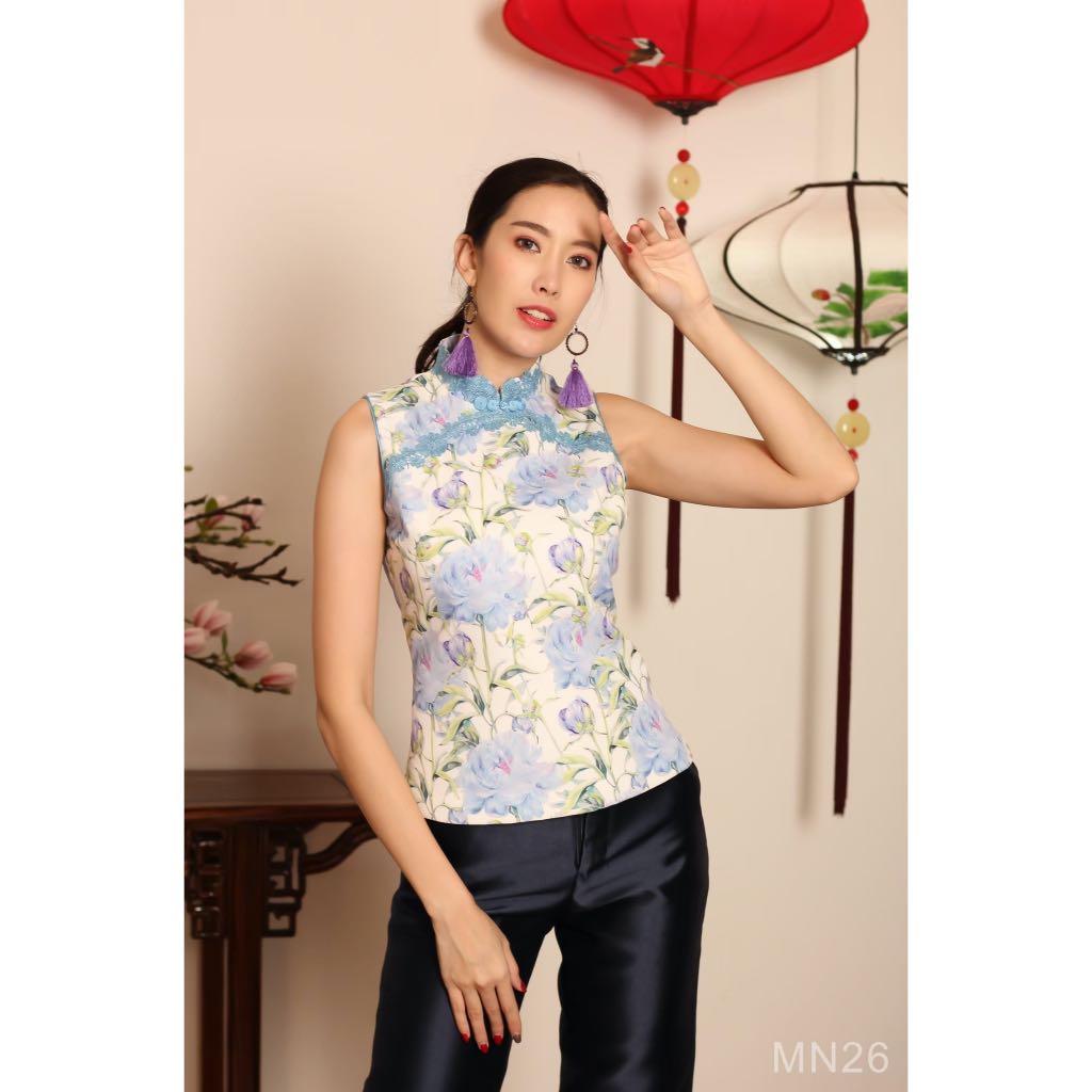 [MN26] เสื้อจีนแขนล้ำ ลายดอกไม้น่ารัก ทรงสวย เนื้อผ้านุ่มสบายผิว