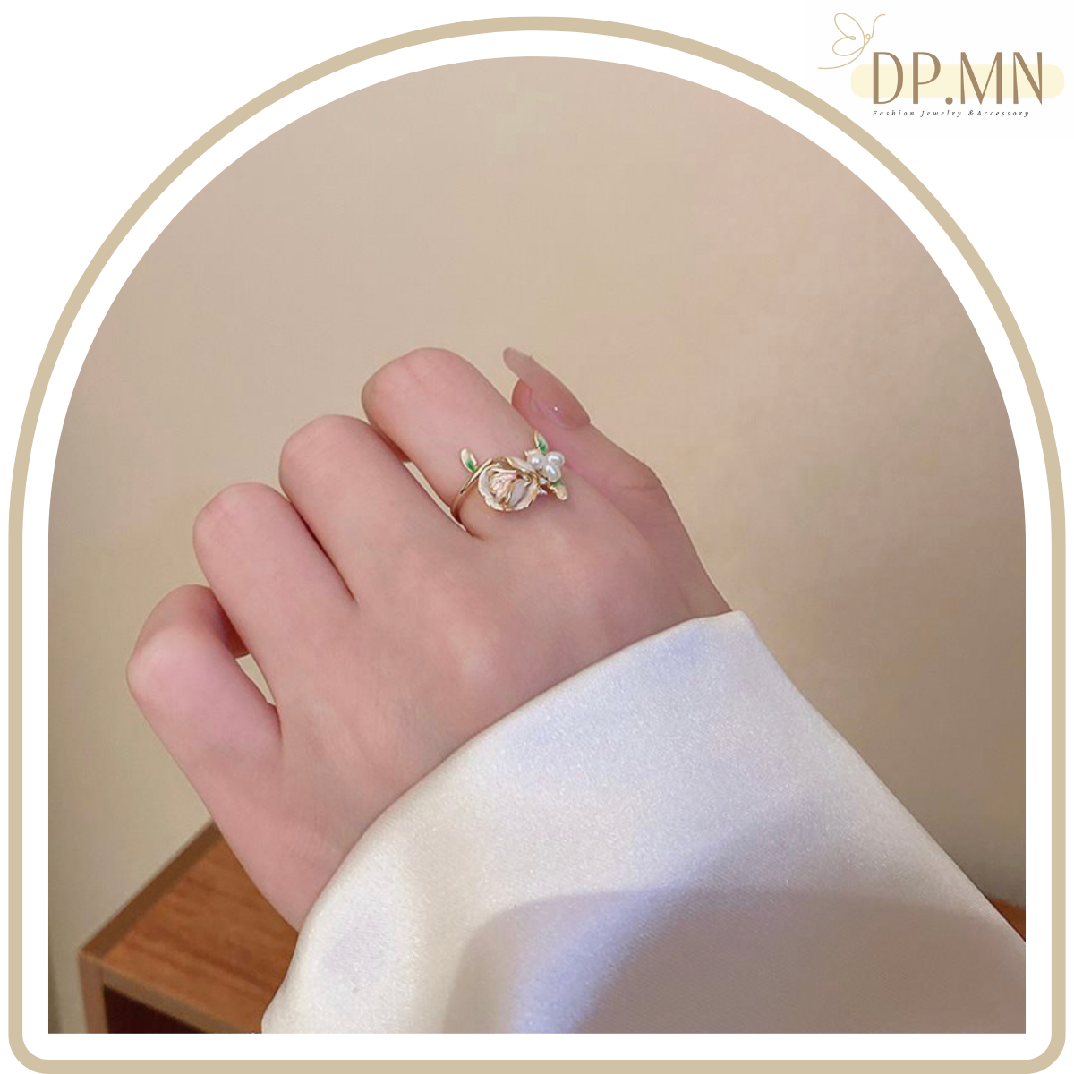 แหวนมุกน้ำจืด ชุบทอง 14K ดอกกุหลาบสีชมพูวินเทจ  ฟรีไซต์