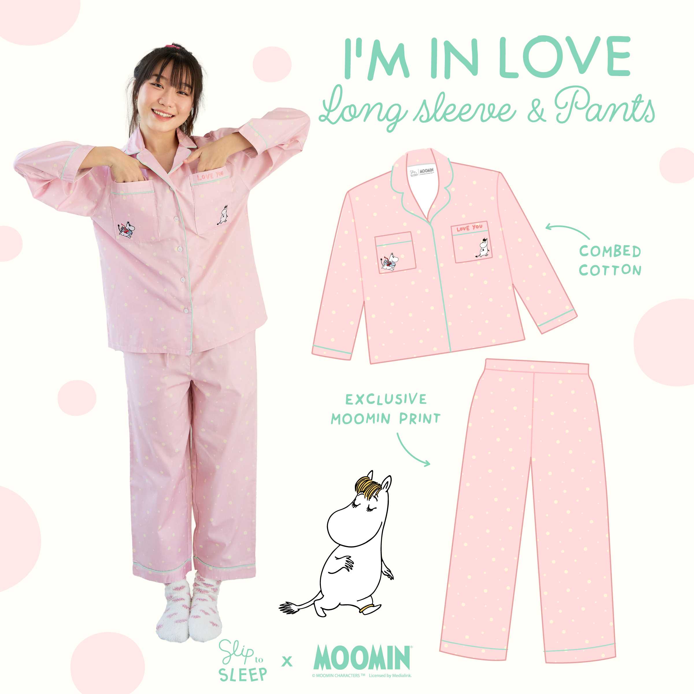 Moomin ชุดนอนโนบรา- I'm In Love Long Sleeve Pants set