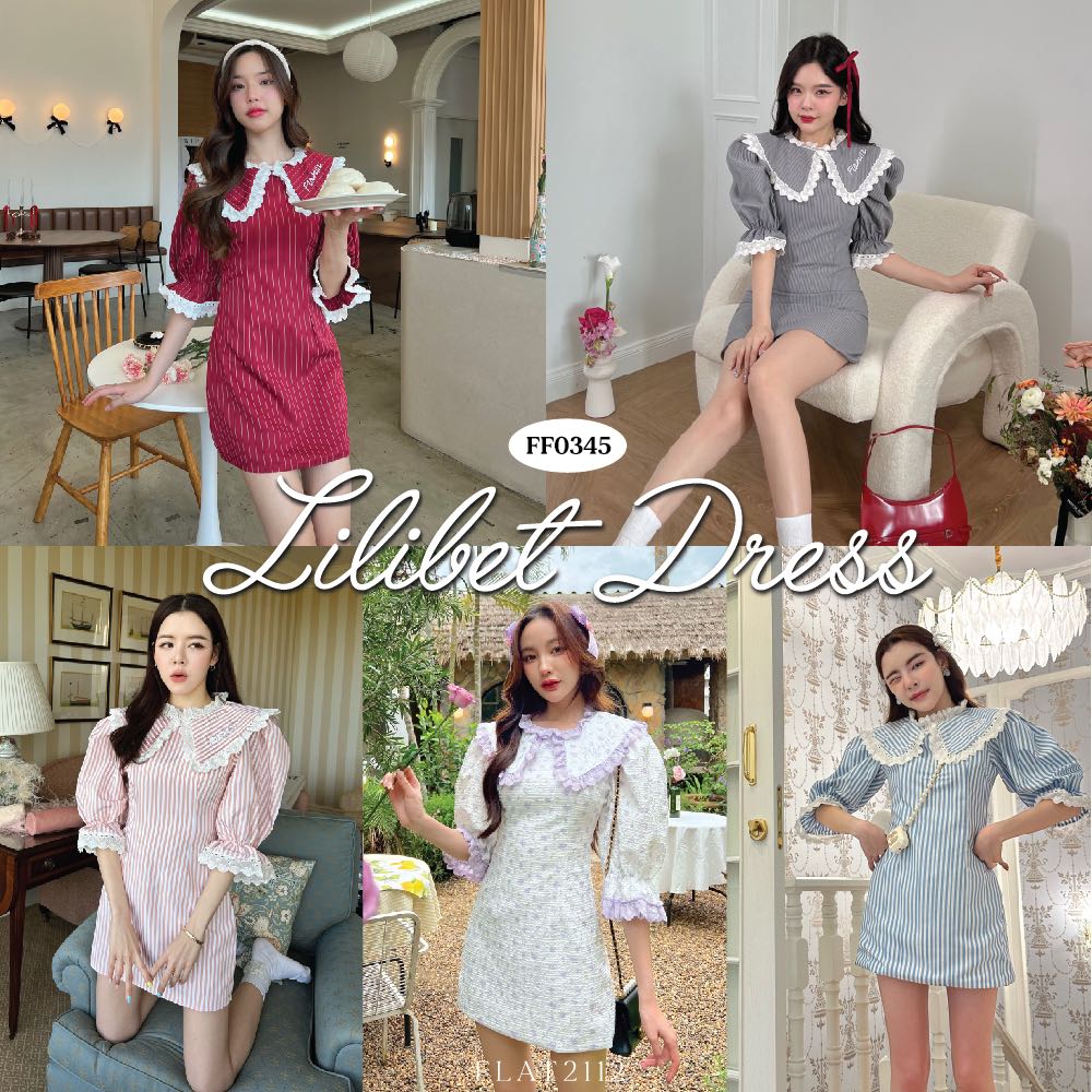 FLAT2112 FF0345 : LILIBET DRESS เดรสลายดอกไม้ เดรสสั้น เดรสแขนตุ๊กตา เดรสคอระบาย