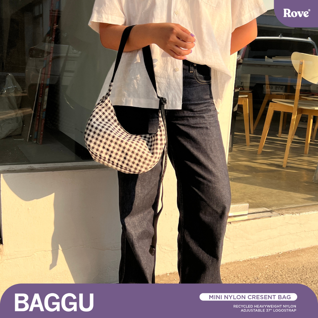 BAGGU Small  Crescent Nylon Bag - Black & White Gingham