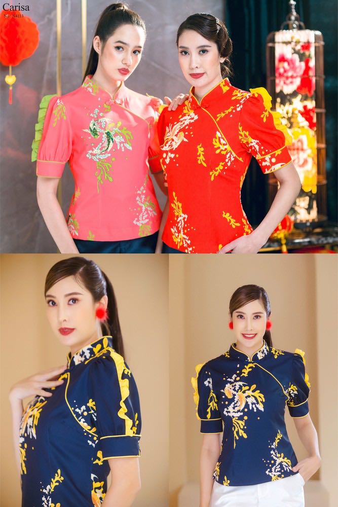 [4113] เสื้อคอจีน งานสกีนลายปลา ลงบนเสื้อ เนื้อผ้าเบา ใส่สบาย ไม่ร้อนไม่คัน