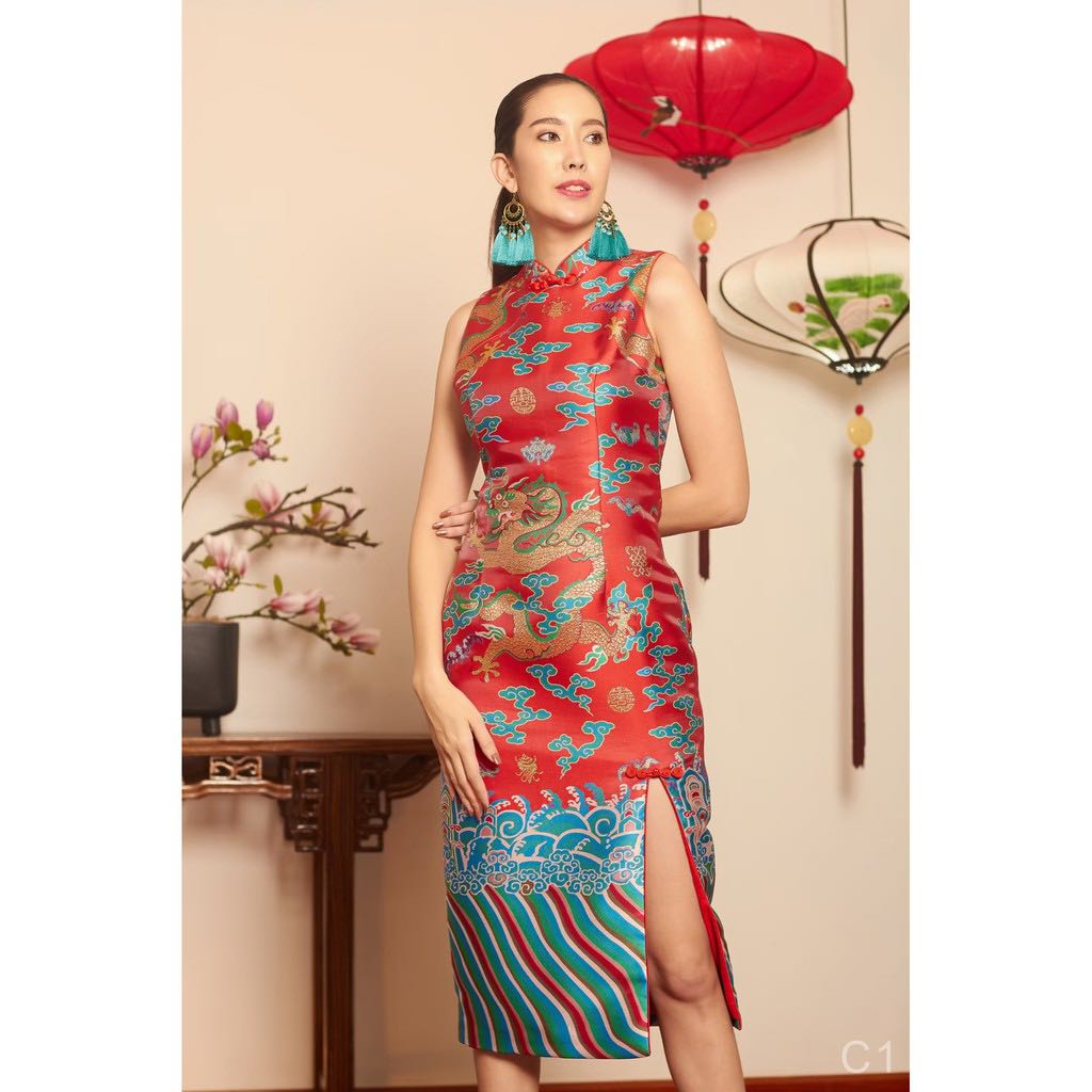 [C1] เดรสมังกรแขนกุด ผ่าข้าง ผ้าทอลายในตัว สวยมากค่ะ