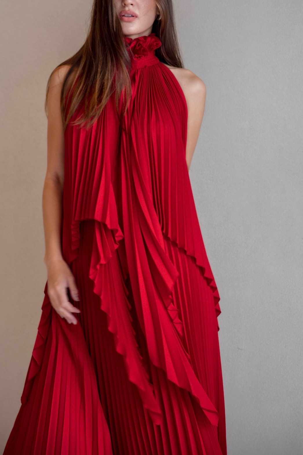 Bow Ruffle Neck Open Back Maxi Set (top & Skirt) - Red