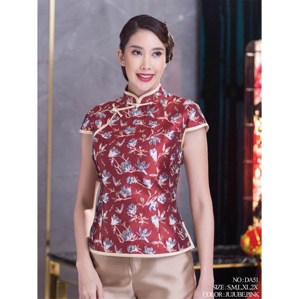 [DA51] เสื้อคอจีน แขนล้ำ ผ้าทอลายในตัว