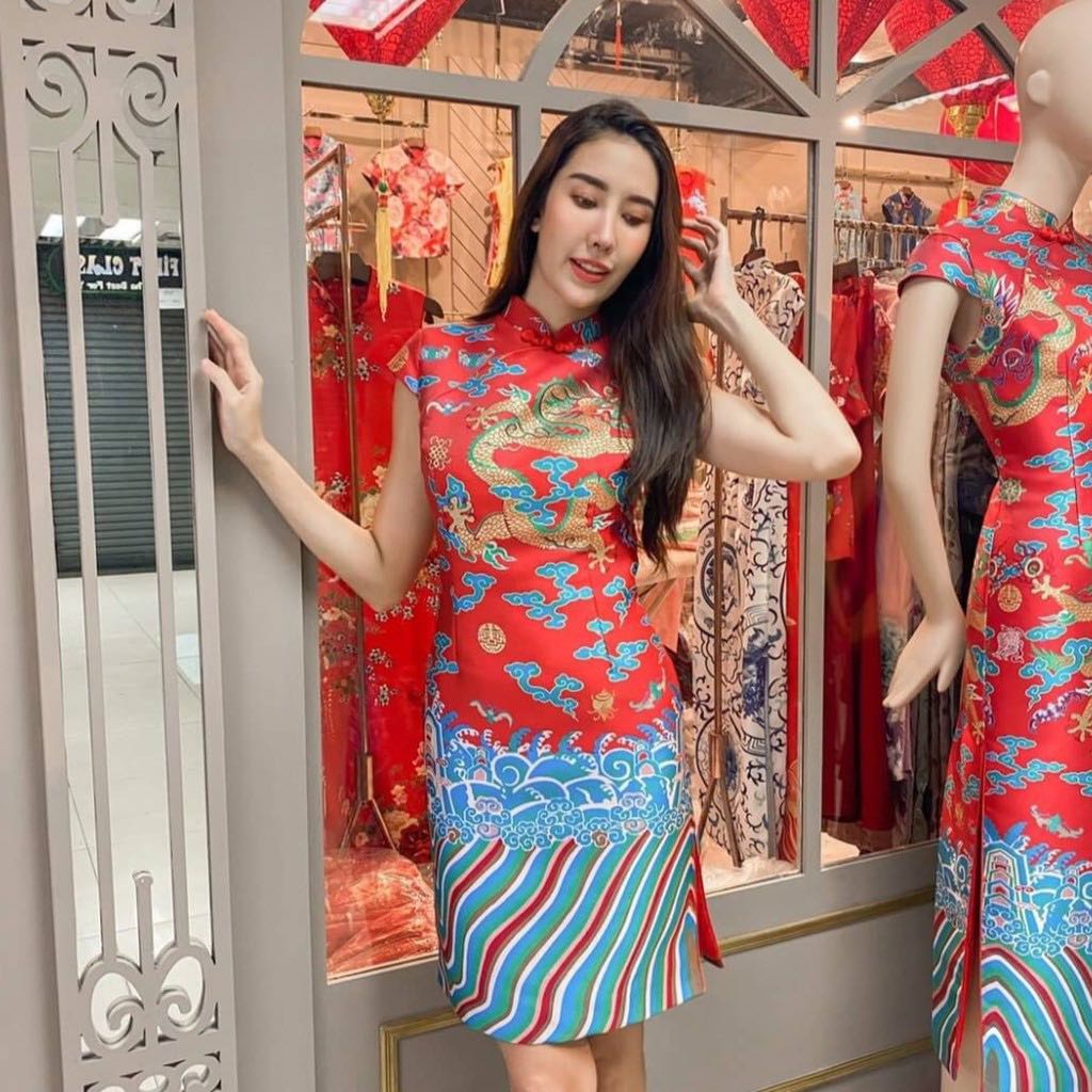 Carisa กี่เพ้า ชุดจีน แขนล้ำลายมังกรและก้อนเมฆ งานสวยหรู [S1]