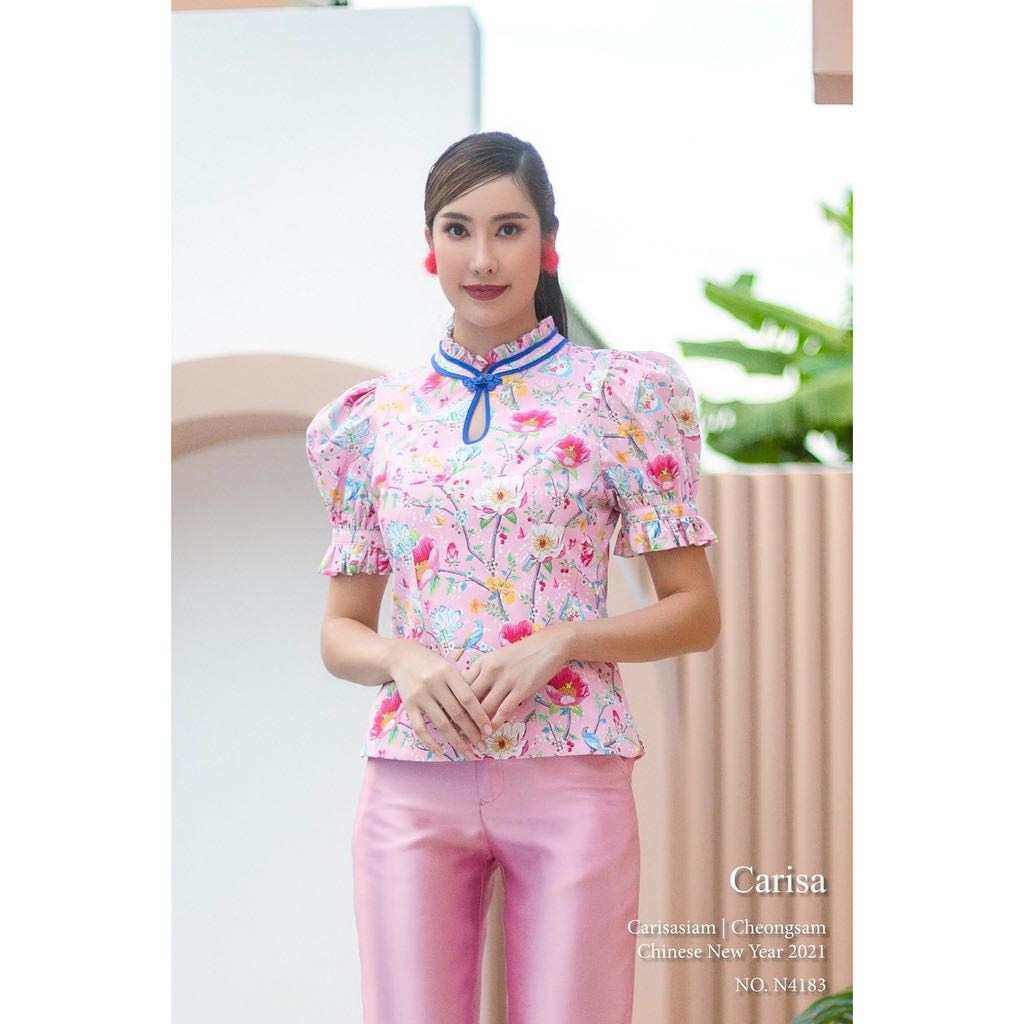 [4183] เสื้อคอจีน ลายดอกไม้ ผ้าเนื้อนิ่มใส่สบาย