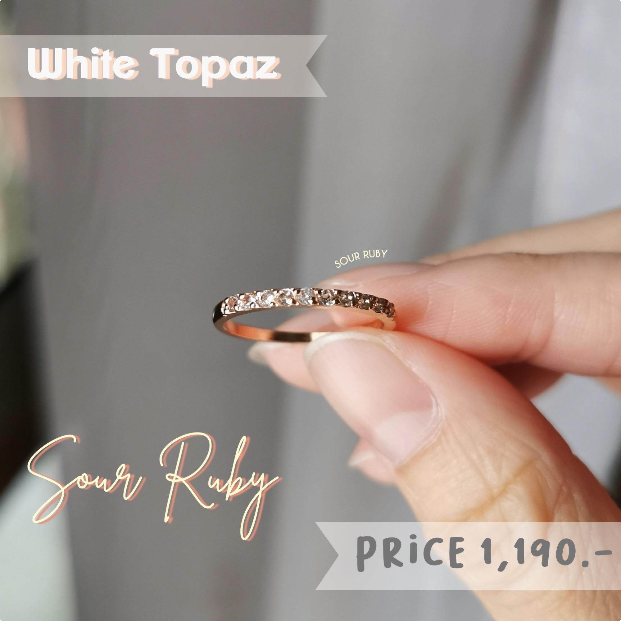 แหวนสีโรสโกลด์ พลอย White Topaz แหวนแถวฝังครึ่งวง
