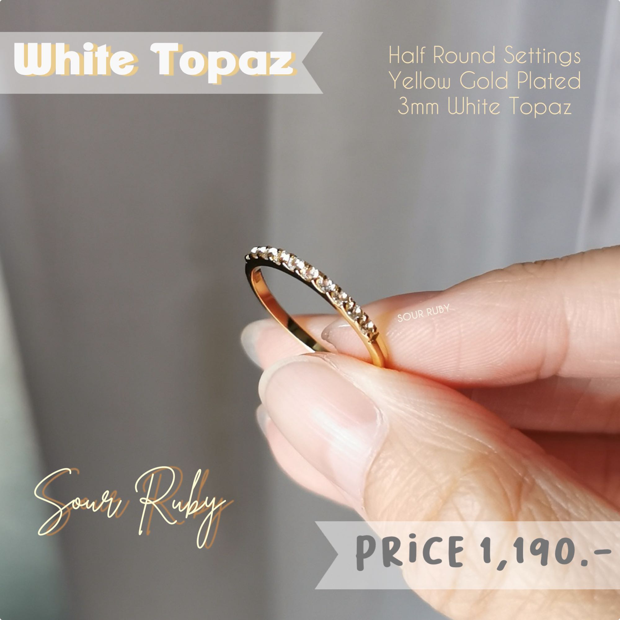 แหวนแถว สีทอง พลอยแท้ White Topaz ฝังครึ่งวง