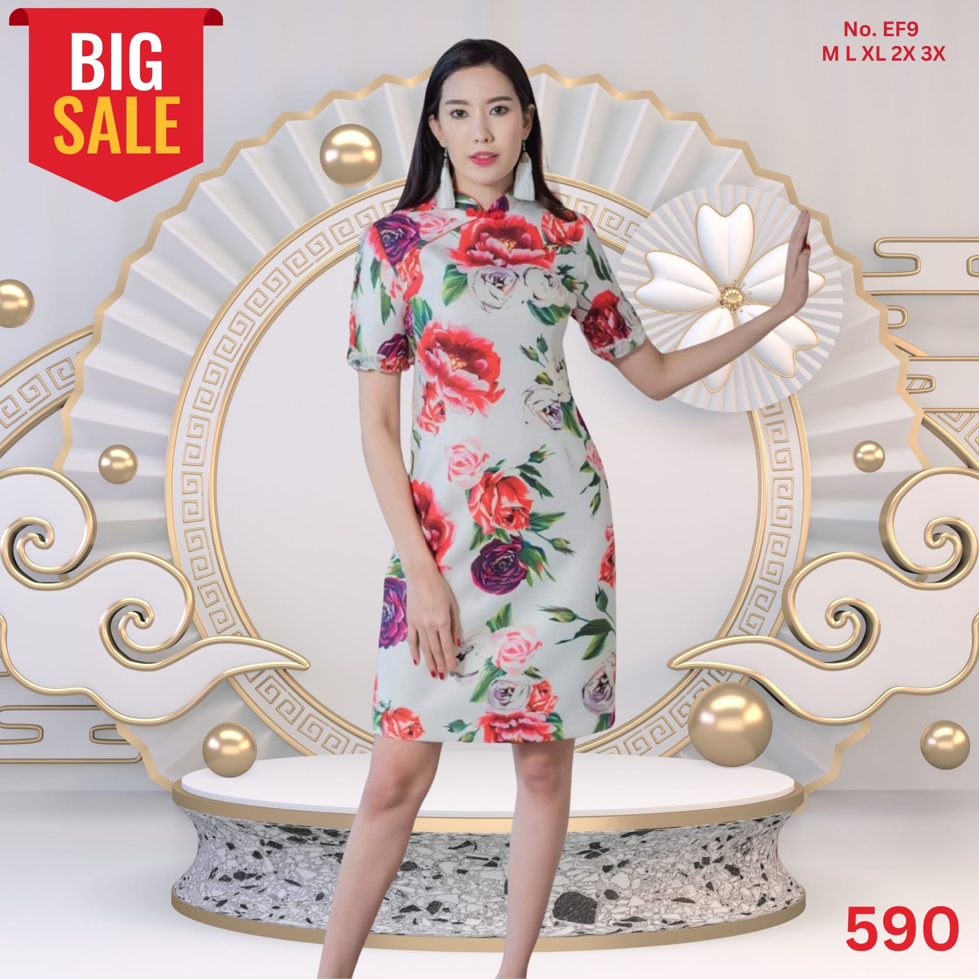EF9 เดรสลายดอกไม้ ผ้าสเปนเด็กซ์