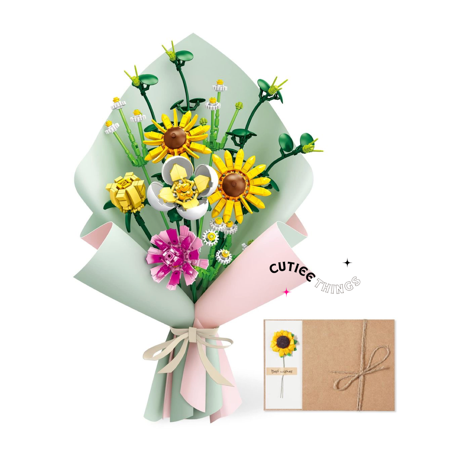 #พร้อมส่ง เซตช่อดอกไม้ ทานตะวัน 🌻 มีกระดาษ, โบว์, การ์ด, ไฟตกแต่งในเซต