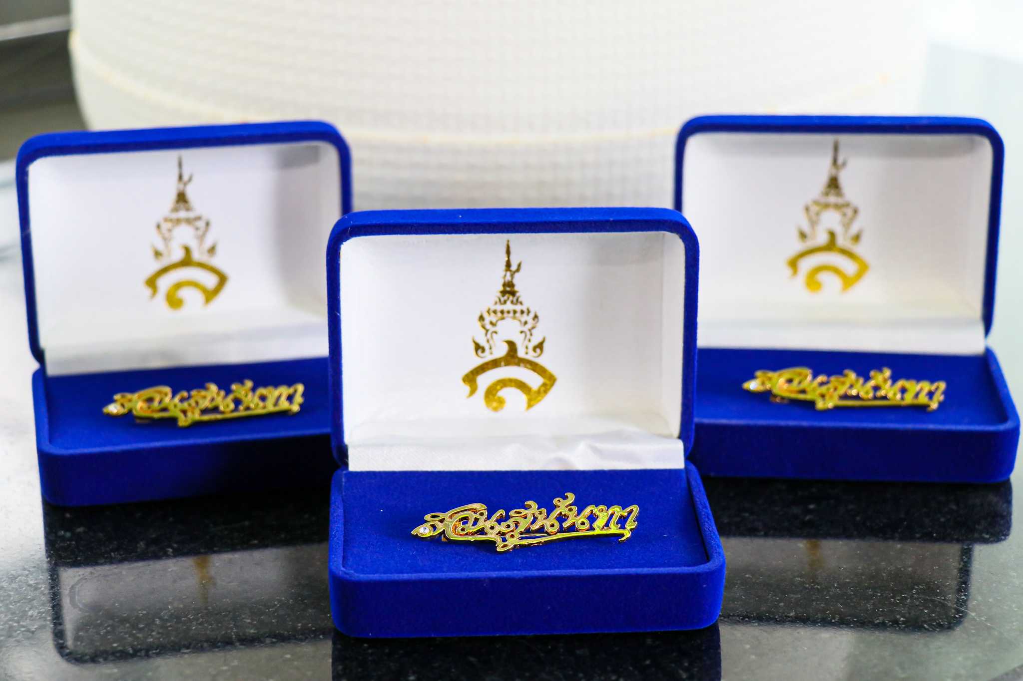เข็มกลัดสวนสุนันทา ประดับเพชรที่ตัวอักษร ส พร้อมกล่อง