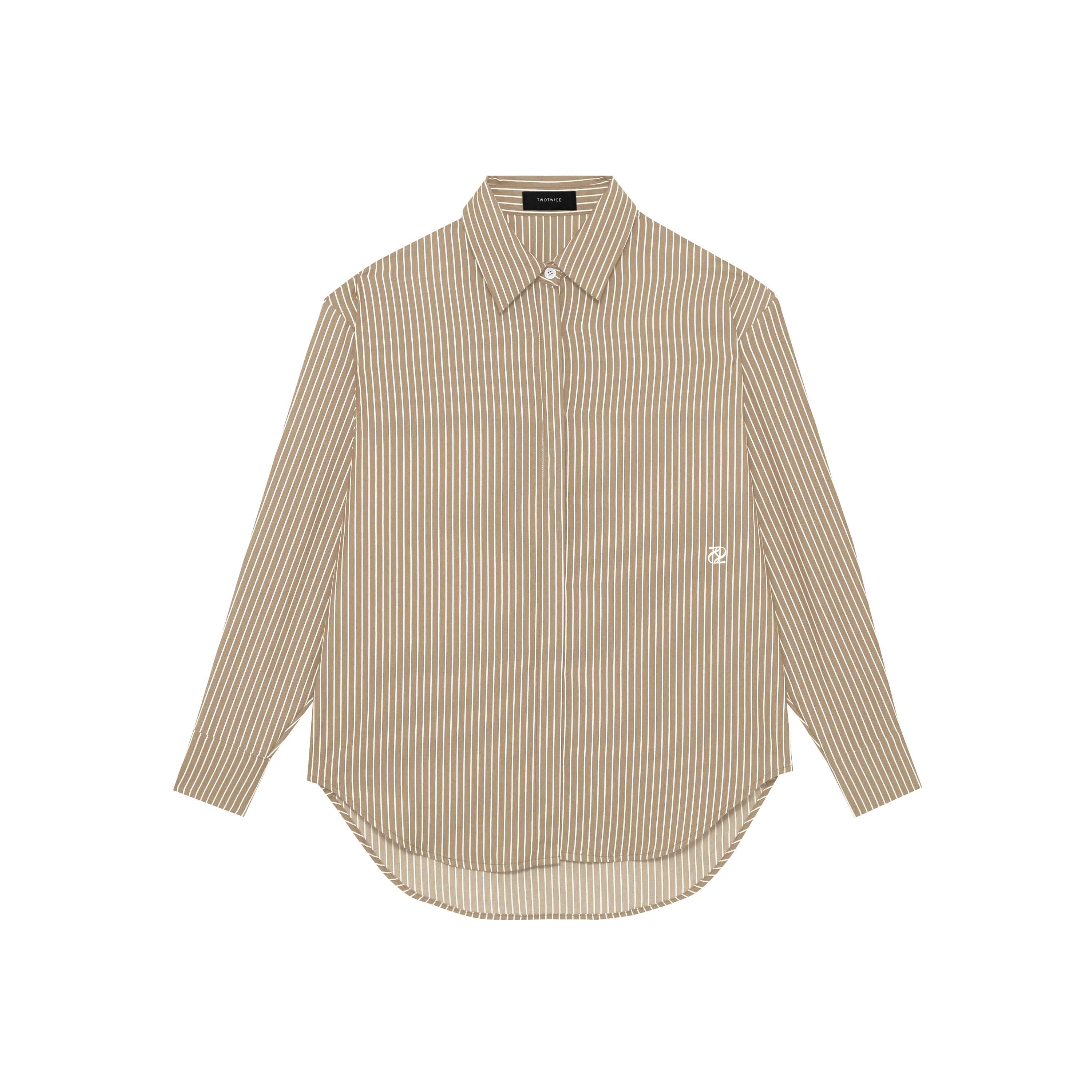 Oversized Tw shirt เสื้อเชิ้ต oversized ปักโลโก้ ผ้านำเข้าจากญี่ปุ่น - Beige stripe
