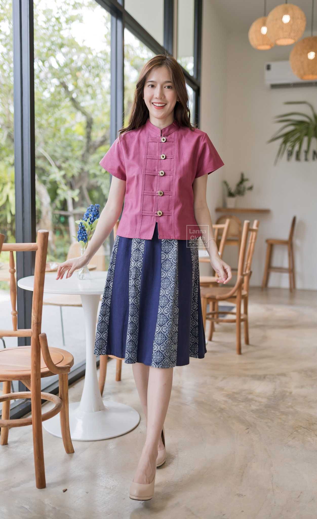 (ขายแยกชิ้น) เสื้อผ้าฝ้ายชินมัย คอจีน กระโปรงผ้าต่อ 16 ชิ้นผ้าฝ้ายกัดลาย