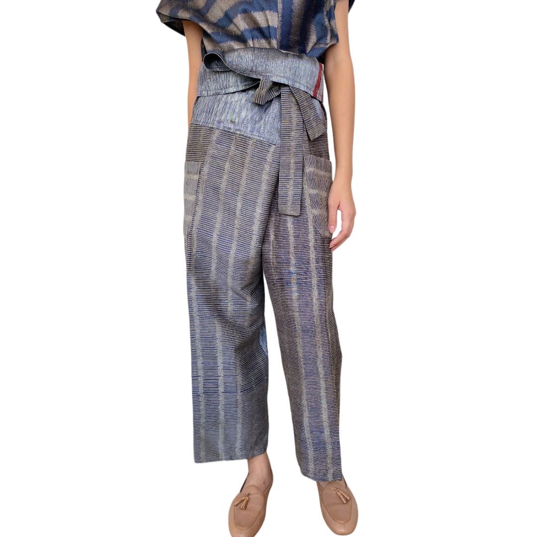 Unique patchwork silk fisherman pants: Light Grey