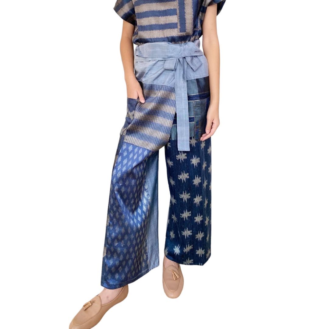Unique patchwork silk fisherman pants: Blue