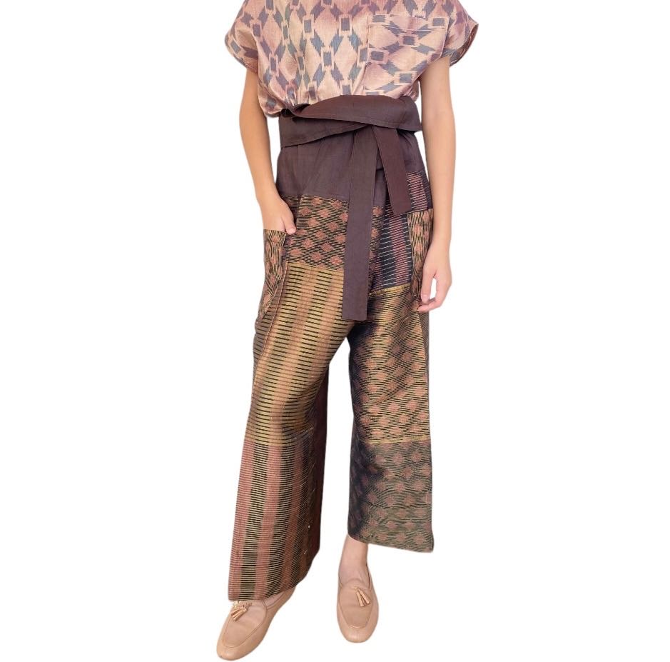 Unique patchwork silk fisherman pants: Brown