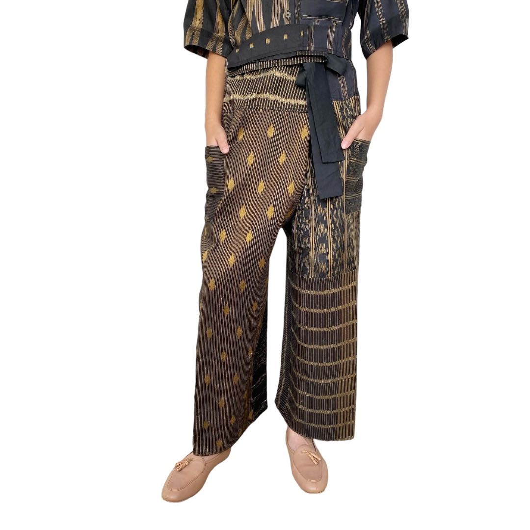 Unique patchwork silk fisherman pants: Black