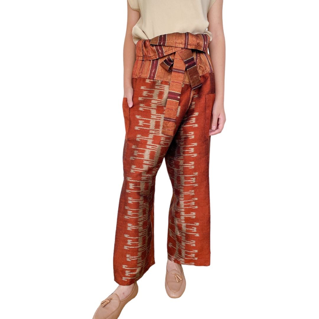 Unique patchwork silk fisherman pants: Brick 