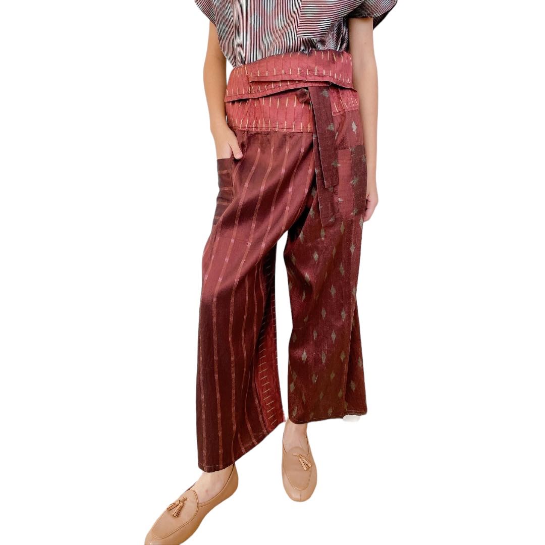 Unique patchwork silk fisherman pants: Burgundy 