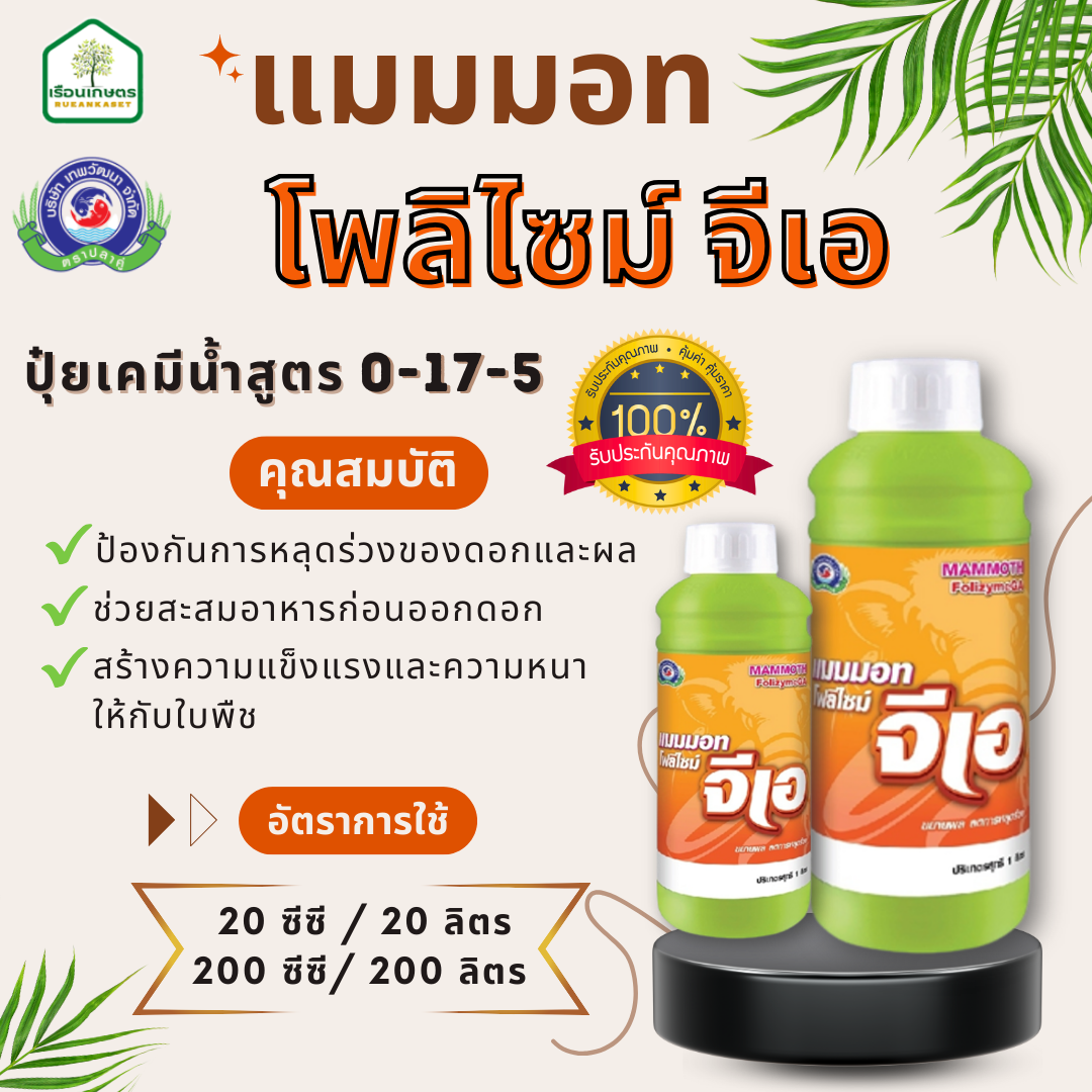 แมมมอท โพลิไซม์ จีเอ สูตร 0-17-5 ป้องกันการหลุดร่วงของดอกและผล ของแท้ 100%  ขนาด 1 ลิตร