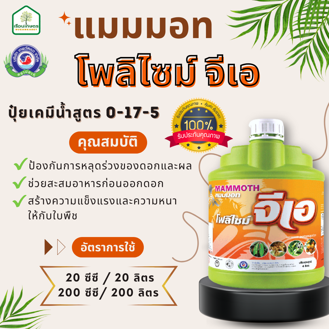 แมมมอท โพลิไซม์ จีเอ สูตร 0-17-5 ป้องกันการหลุดร่วงของดอกและผล ของแท้ 100% ขนาด 4 ลิตร