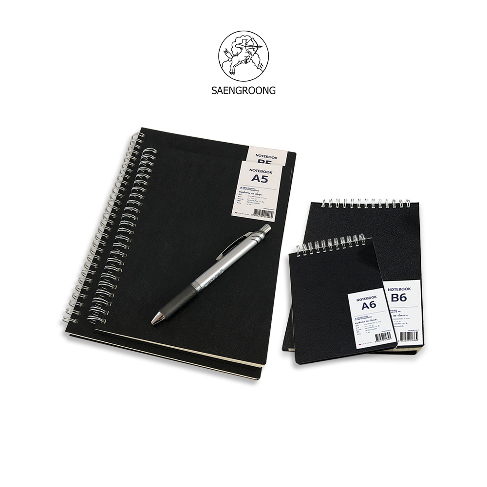 Saengroong สมุดปกแข็งPVCกันน้ำ สมุดโน๊ตปกดำ สมุดบันทึก A5 A6 B5 B6 70แผ่น / เล่ม