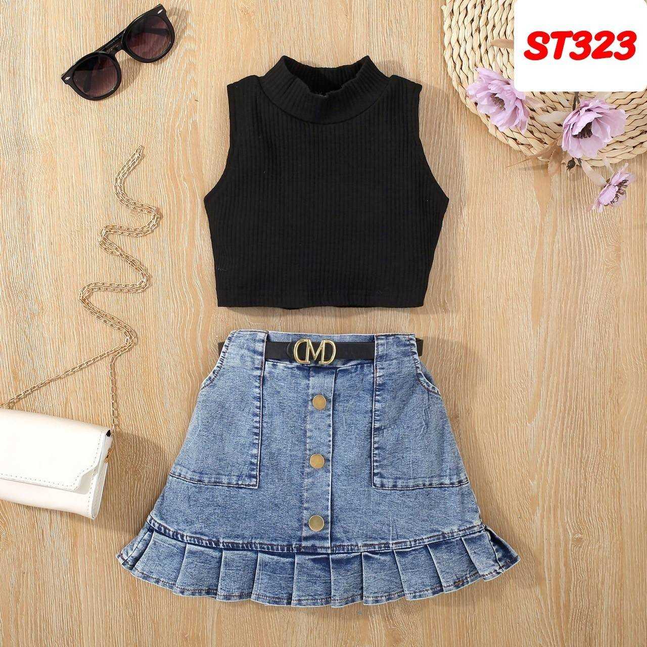ST323-ชุดเซ็ตเด็กหญิงเสื้อคอเตาสีดำกระโปรงยีนส์