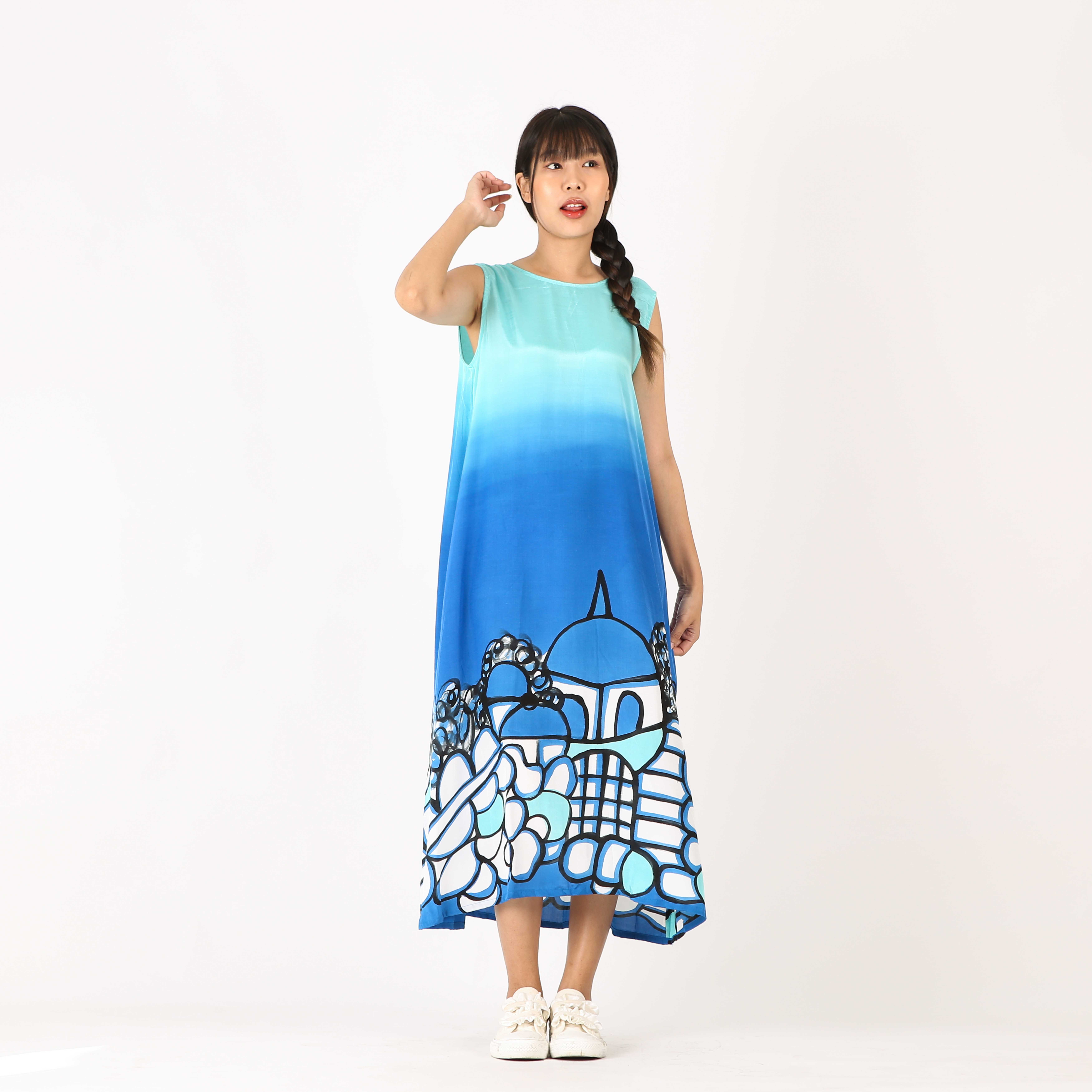 (Pre-order)Long Dress Santorini  Cotton Silk Hand Paint Free size