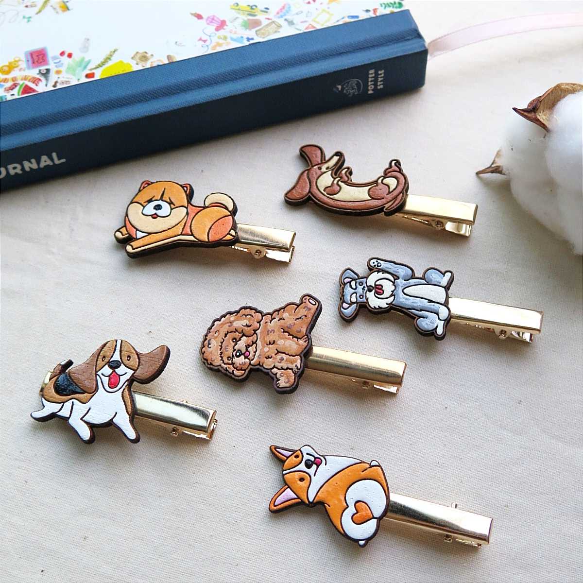 Wooden hair clip dog family 01