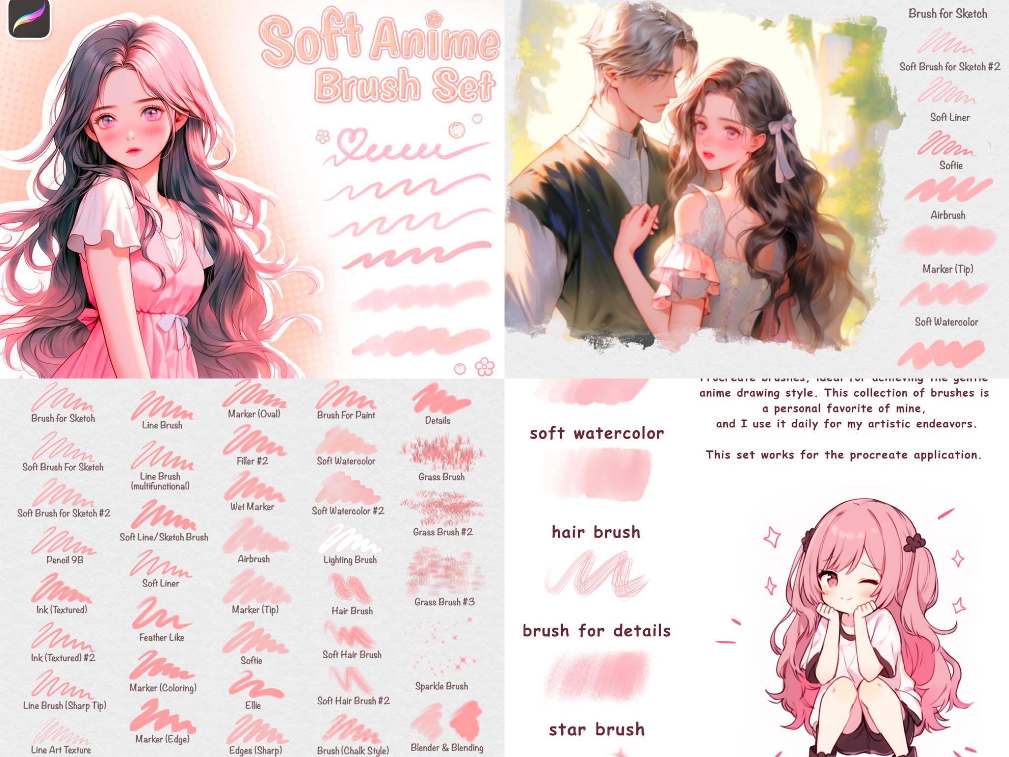 ((ชุดแปรงนุ่ม Procreate ในสไตล์อะนิเมะ (แปรงสำหรับระบายสีและสเก็ตช์ภาพ)